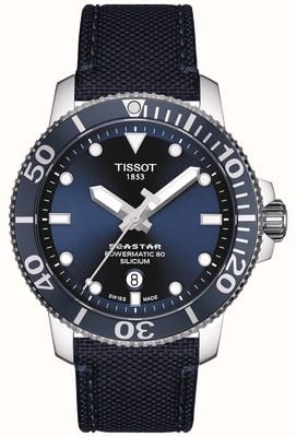 Tissot Seastar 1000 powermatic | niebieski pasek z tkaniny | niebieska tarcza T1204071704101