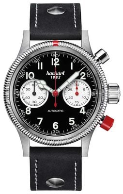 Hanhart Pioneer MK II Automatik-Chronograph (40 mm) mit umgekehrtem Panda-Zifferblatt / schwarzem Lederarmband mit Nieten - M 716.211-0010