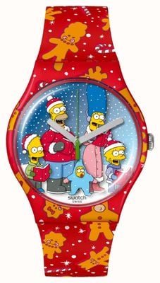 Swatch X The Simpsons wundersames Winterwunderland (41 mm), Zifferblatt mit Simpson-Aufdruck / rot bedrucktes Silikonarmband SUOZ361