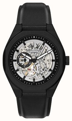 Armani Exchange Automatic Small-Seconds Skeleton (44mm) Silver Dial / Black Leather Strap AX4297