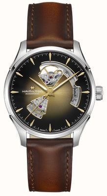 Hamilton Jazzmaster automático com mostrador degradê dourado (40 mm) e caixa aberta em formato de coração / pulseira de couro marrom H32675501