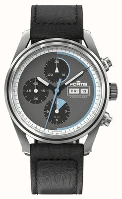 FORTIS Stratoliner S-41 Automatic Cosmic Grey (41mm) Black Leather Aviator Strap F2340016