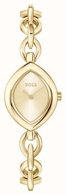BOSS Fiora quartzhorloge met twee wijzers (22,4 mm) met gouden wijzerplaat en roestvrijstalen armband met gouden PVD-coating. 1502839