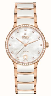 RADO Montre automatique Centrix sertie de diamants (35 mm), cadran en nacre blanche, bracelet en céramique blanche et plaqué or rose R30230902