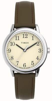 Timex Damen-Armbanduhr aus leicht ablesbarem, cremefarbenem Zifferblatt mit braunem Lederarmband TW2V69000