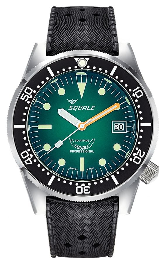 Squale 1521 Green Ray 42mm Smoky Green Dial  Black Rubber Watch