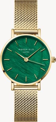 Rosefield スモールサイズ（26mm）グリーンマザーオブパール文字盤 / ゴールドメッキステンレススチールメッシュブレスレット SEEGMG-SE72