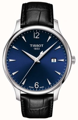 Tissot |男性の伝統|ブラックレザーストラップ|青い文字盤| T0636101604700