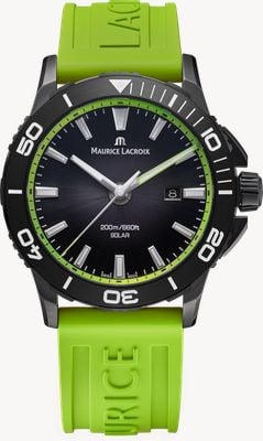 Maurice Lacroix Pontos S Solar Date (42 mm) esfera negra ahumada translúcida / correa de caucho verde flúor PT1008-DLB00-330-5