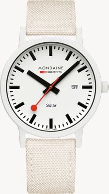 Mondaine Essence Solar (41 mm) weißes Zifferblatt / cremefarbenes Textilarmband MS1.41910.LA