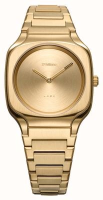 D1 Milano Vierkant discogoud (32 mm) gouden wijzerplaat met zonnestraalmotief / gouden roestvrijstalen armband SQBL03