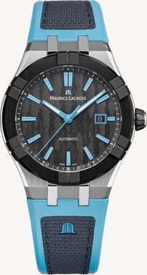 Maurice Lacroix Aikon-ic automatisch horloge (43 mm) zwart koolstofvezel wijzerplaat / turquoise en zwart bi-rubberen band AC6008-SSL40-331-4