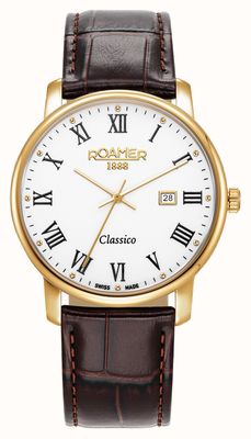 Roamer Montre homme Classico à quartz (40 mm) cadran blanc / bracelet en cuir marron 971856 48 25 05
