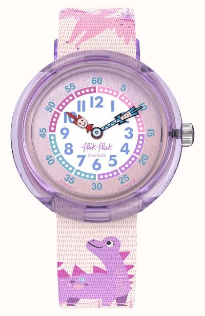 Flik Flak Dinology 31.85mm White And Pink Dial Pink Dinosaur Recycled PET FBNP230 First Class Watches IRL