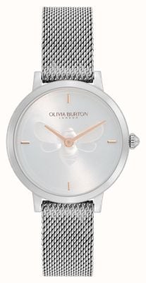 Olivia Burton Unterschrift ultraflache Biene | silbernes Zifferblatt | Mesh-Armband aus Stahl 24000021
