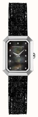 Herbelin Damen-Octagon-Uhr (20,4 mm), schwarzes Perlmuttzifferblatt / schwarzes glitzerndes Lederarmband 17446AP49
