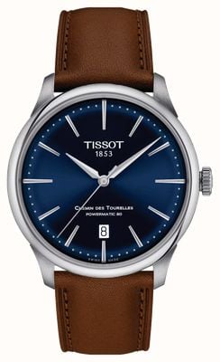 Tissot Chemin des tourelles | powermatic 80 | mostrador azul | pulseira de couro marrom T1398071604100