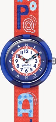 Flik Flak Connaissez votre abc (31,85 mm) cadran blanc et bleu / bracelet à motifs alphabet rouge FBNP244