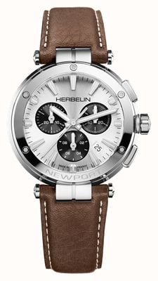 Herbelin Newport Chronograph (40,5 mm) silbernes Sunray-Zifferblatt / braunes Lederarmband 37658AP42MA