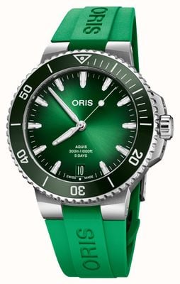 ORIS Aquis datumkaliber 400 automatisch (43,5 mm) groene wijzerplaat / groene rubberen band 01 400 7790 4157-07 4 23 47EB