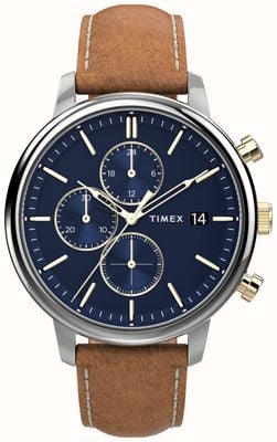 Timex Reloj Chicago Chrono de 45 mm con caja plateada, esfera azul y correa de piel marrón. TW2U39000