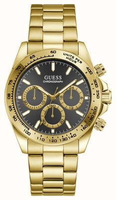 Guess Chronographe Arthur (42 mm), cadran noir soleillé, bracelet en acier inoxydable plaqué or. GW1058G2