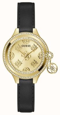 Guess Charmed (34 mm) Damenuhr mit goldenem Zifferblatt und schwarzem Lederarmband GW0684L3