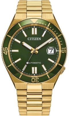 Citizen Automatyczny zegarek Tsuyosa Shore (40 mm) z intensywnie zieloną tarczą słoneczną / bransoletą ze stali nierdzewnej z powłoką PVD w kolorze złotym NJ0232-53X