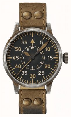 Laco Corda manual Kempten erbstück (39 mm) mostrador preto antigo / pulseira de couro de bezerro marrom vintage 862097