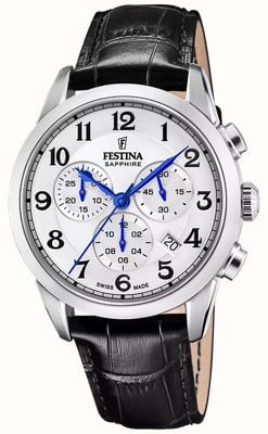 Festina Cronógrafo de quartzo suíço (41 mm) com mostrador prateado e pulseira de couro preta. F20041/1