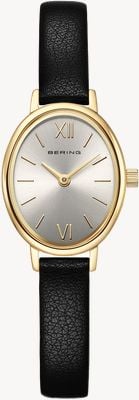 Bering Orologio al quarzo ovale classico (20 mm) quadrante argento effetto raggi di sole / cinturino in pelle nera 11020-433