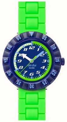 Flik Flak Neonbrick (36,70 mm) blaues Zifferblatt / neongrünes Silikonarmband FCSP132