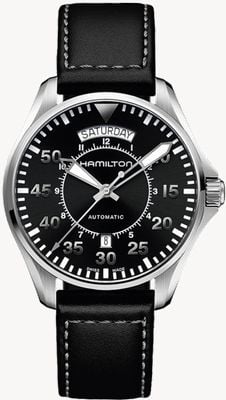 Hamilton Kaki aviation pilot day-date automatique (42 mm) cadran noir / bracelet cuir noir H64615735