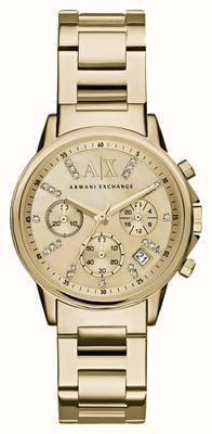 Armani Exchange Dames | wijzerplaat met kristallen | goudkleurige armband AX4327