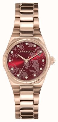 Olivia Burton Mini hexa (28 mm) rode wijzerplaat / roségouden roestvrijstalen armband 24000106