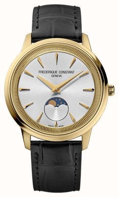 Frederique Constant Clássicos moneta fase da lua (37 mm) mostrador prateado com raios de sol / pulseira de couro preta FC-206S3S5