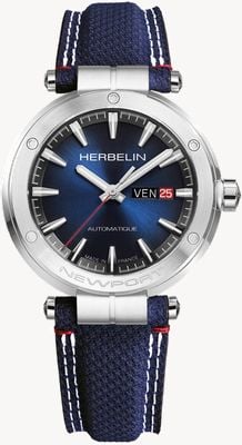 Herbelin Newport automatico con giorno e data (42 mm), quadrante blu con motivo a raggi di sole / cinturino in tessuto blu 1768A15BL