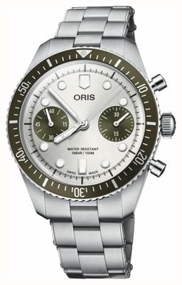 ORIS Cronografo Divers Sixty-Five (40 mm) quadrante argento con finitura a raggi di sole / bracciale in acciaio inossidabile 01 771 7791 4051-07 8 20 18