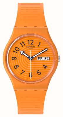 Swatch Модные линии: оранжевый циферблат цвета сиены (34 мм) и оранжевый силиконовый ремешок. SO28O703