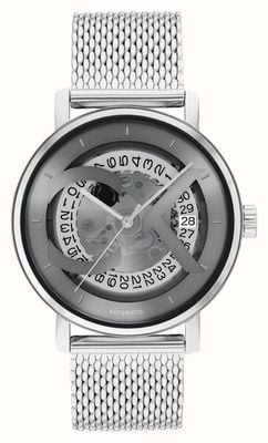 Calvin Klein Iconische automatische (40 mm) grijze skeleton wijzerplaat/roestvrijstalen mesh-armband voor heren 25300004