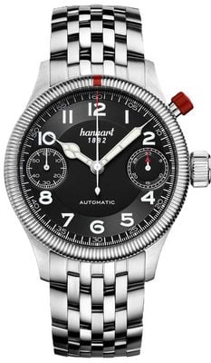 Hanhart Chronographe automatique Pioneer Monoscope (45 mm), cadran noir / bracelet en acier inoxydable 733.210-6428