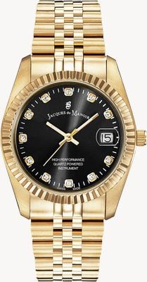 Jacques Du Manoir Inspiration Eleganz (36 mm) schwarzes Zifferblatt mit Sonnenschliff / goldfarbenes PVD-beschichtetes Edelstahlarmband NRO.21