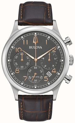 Bulova Präzisions-Chronograph für Herren | graues Zifferblatt | braunes Lederarmband 96B356