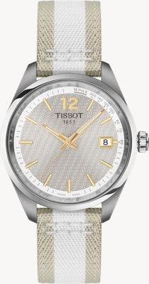 Tissot Pr 100 サイクリングクォーツ (34mm) パターン入りグレーダイヤル / ホワイト＆ベージュのテキスタイルストラップ T1502101703700