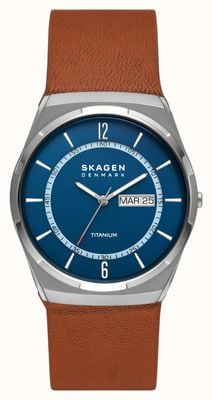 Skagen Mostrador azul melbye titânio (40 mm) masculino / pulseira de couro marrom SKW6906