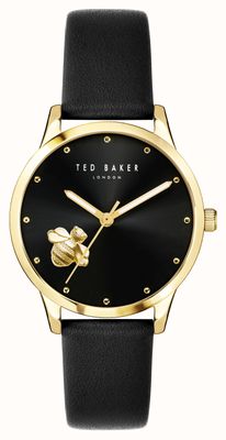 Ted Baker Reloj fitzrovia para mujer con esfera de abeja negra y correa de piel negra. BKPFZF205
