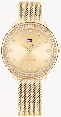 Tommy Hilfiger Damen-Demiuhr (32 mm) mit goldenem Zifferblatt und goldfarbenem Mesh-Armband aus Edelstahl 1782699