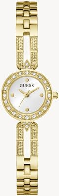 Guess Cassidy Quarzuhr mit drei Zeigern (23 mm), silbernes Zifferblatt / Armband aus goldfarbenem PVD-beschichtetem Edelstahl GW1016L2