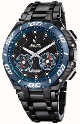 Festina Relógio inteligente híbrido Chrono Bike Connected (46 mm) com mostrador preto e pulseira em aço inoxidável com revestimento PVD preto. F20762/1