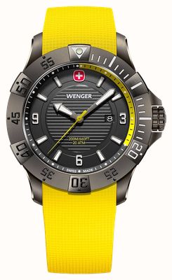 Wenger Seaforce Quarz (43 mm), schwarzes Zifferblatt / gelbes Silikonarmband 01.0641.145